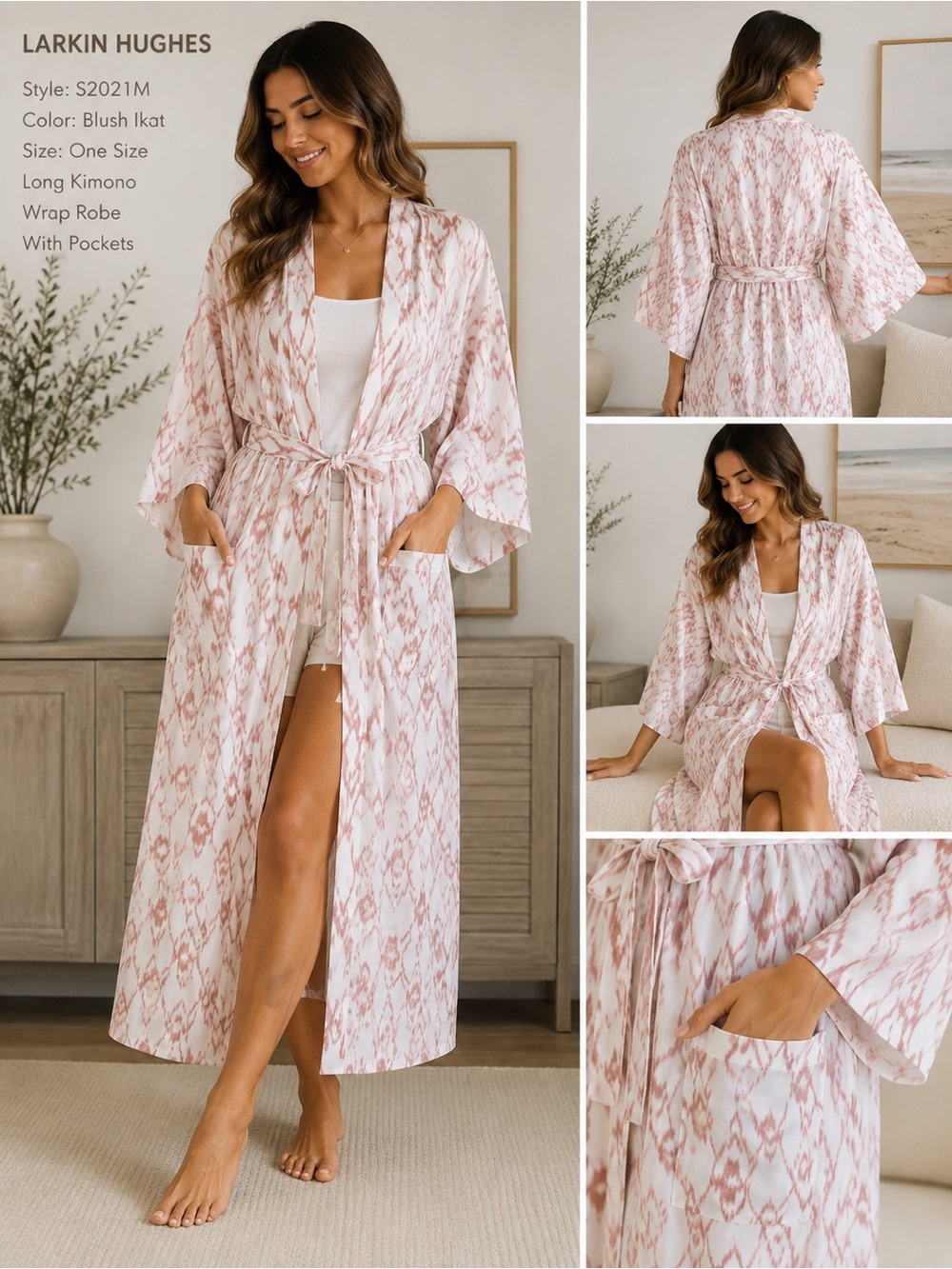 NWT Larkin Hughes Blush Ikat Long Kimono Wrap Robe